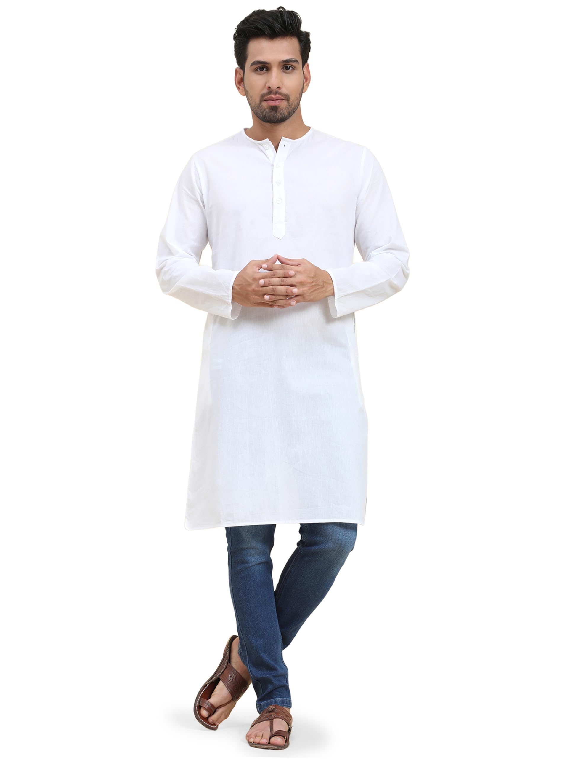 amazon brand - anarva Men's Cotton Solid Round Neck Kurta Long Sleeves Straight Knee Length Casual Shirt-picture-48