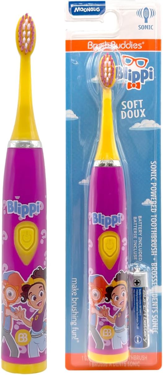 Brush Buddies Blippi Electric Toothbrush for Kids Battery Powered Sonic Toothbrush Soft Bristles Kids Toothbrush for Boys and Girls Toddlers Oral Care Blippi Character Design (Purple)