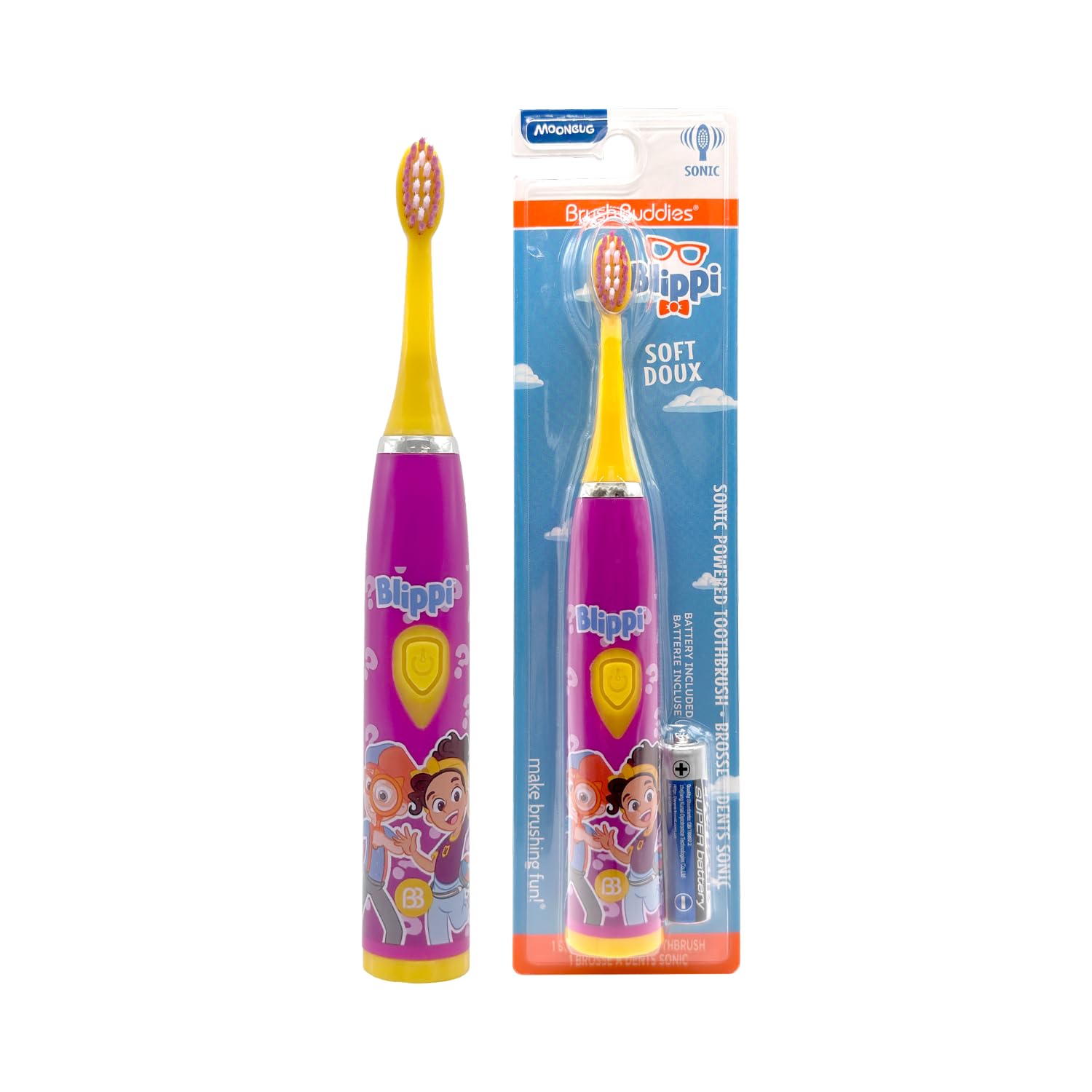 Brush Buddies Blippi Electric Toothbrush for Kids, Battery Powered Sonic Toothbrush, Soft Bristles, Children’s Toothbrush for Boys & Girls, Toddler Oral Care, Blippi Character Design (Purple)