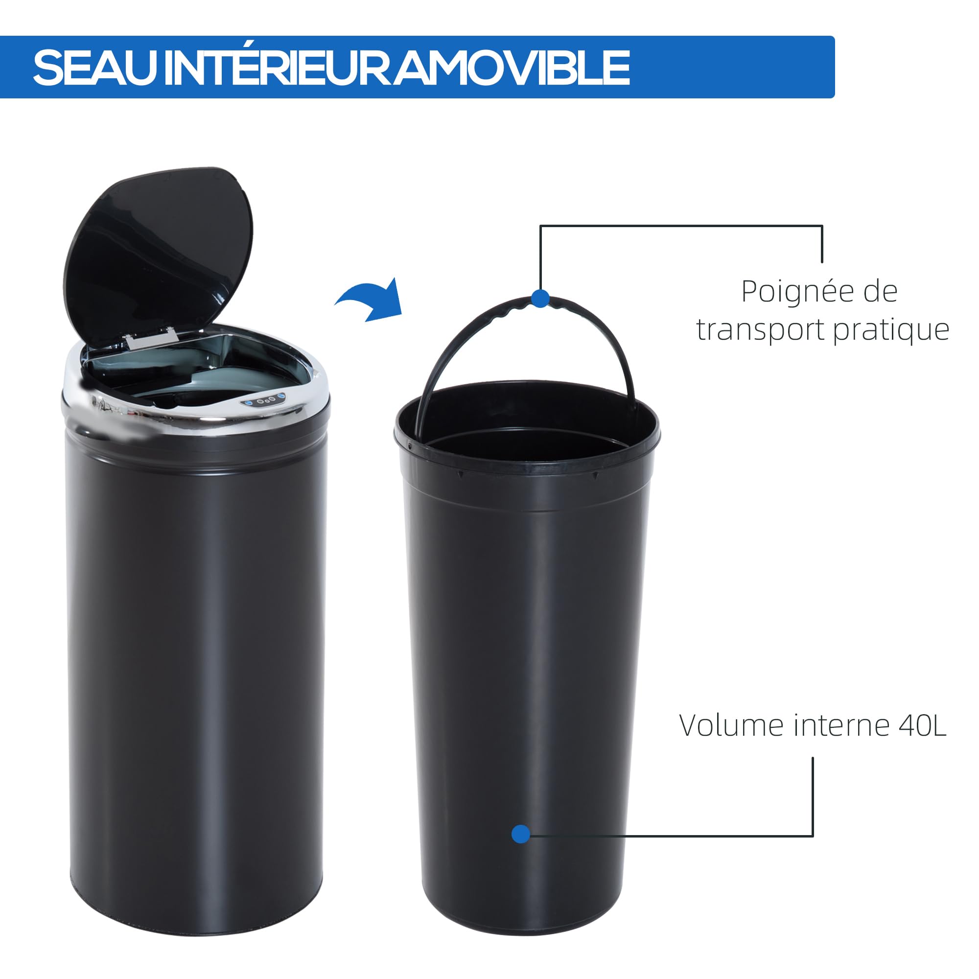 HOMCOM - Papelera automática con sensor de movimiento, 42 L, color negro | Papelera de cocina, acero galvanizado, bandeja interna extraíble