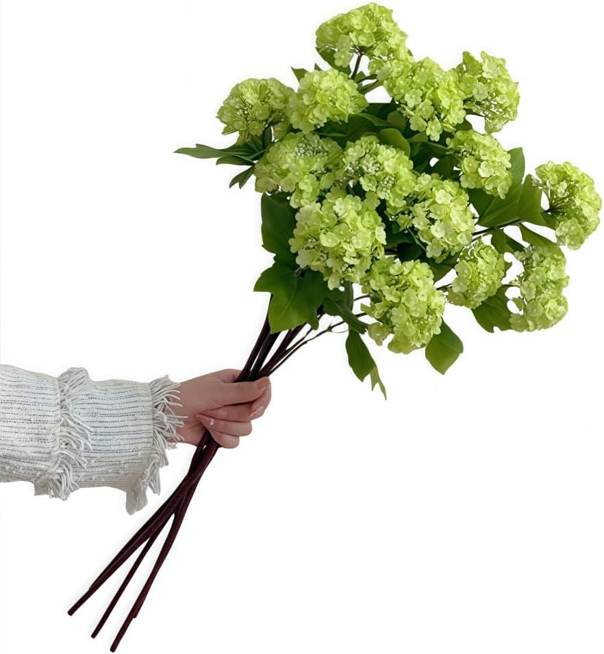 Artificial Snowball Viburnum Flowers,Artificial Hydrangea Flowers,27.5 Inch Three-Headed Faux Hydrangeas,for Home Office Decor Wedding Party Decor(3pcs) (Green)