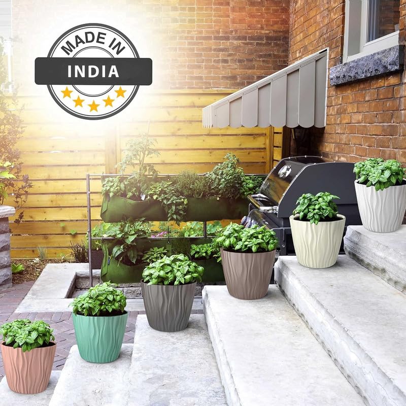 Image of StyleX Store Plastic Round Flower Pots with Drainage Hole Saucers | Durable Outdoor Indoor Wave Pattern Planters with Tray | Plant Containers for Balcony, Garden, Office, and Home (Set of 5, Multi)