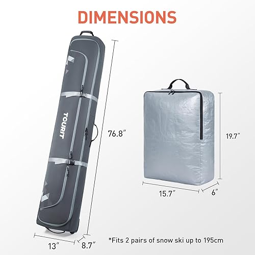 Miniatura 6 de TOURIT Bolsa de esquí con ruedas y bolsa para botas de esquí, bolsa de esquí totalmente acolchada con ruedas para viajes en aire, tela Oxford 900D