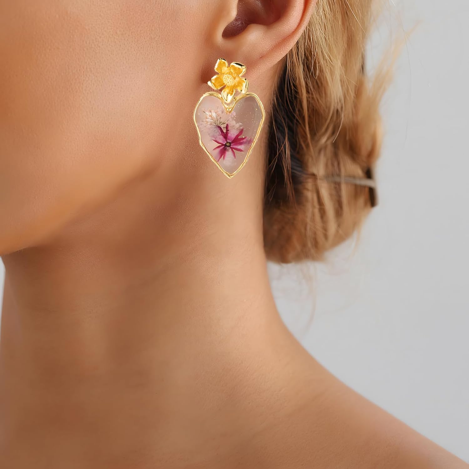 Dried Flower Heart Drop Earrings for Women Resin Dry Flowers Earring Handmade Pressed Real Flower Earrings - Image 3