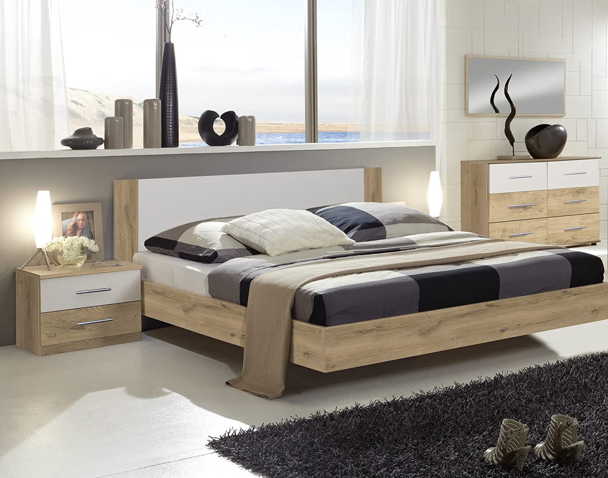PEGANE Lit Adulte Double + 2 chevets Coloris Imitation chêne Poutre/Blanc - Longueur 149 x Profondeur 210 x Hauteur 80 cm