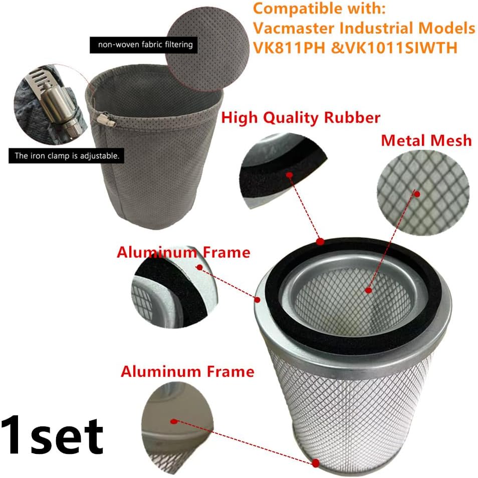 1 set brikiwee VKHF001 Cartridge Vacuum HEPA Filter and VKPF001 Pre-Filter with Clamp Compatible with Vacmaster Industrial Models VK811PH & VK1011SIWTH Vacuum Cleaner Accessories