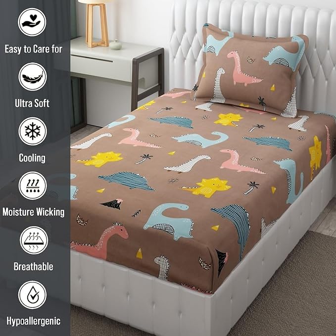 Image of RD FABS Wrinkle Free Glace Animal Print Cotton Bedsheet for Kids Single Bedsheet with One Pillow Cover (Size - 60X90 Inches /Rosy /Dinosaur), Multicolor, 144 TC
