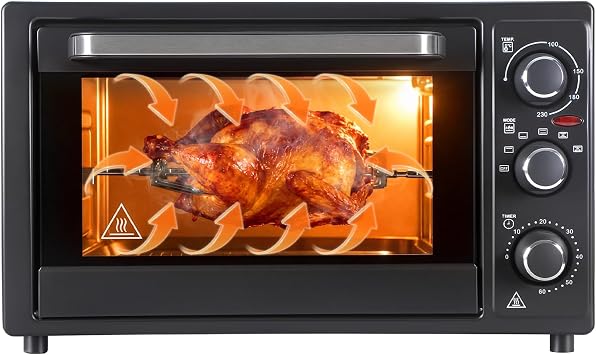32L 1500W Countertop Convection Toaster Oven, Multi-Function Rotisserie Oven with Dehydrate & Roast, 60-Min Timer 0-230 C, 6 Accessories for Pizza Chicken Baking