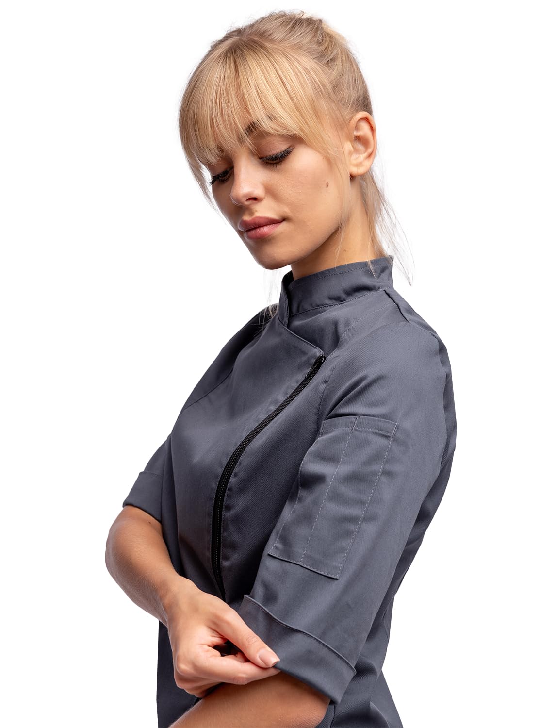 Veste de Cuisine pour Femmes Stretch Uniforme Professionnel de Chef Cuisinier avec Boutons sur Les devants Manches Longs Manches Courts Noirs Blanc Gris Rose
