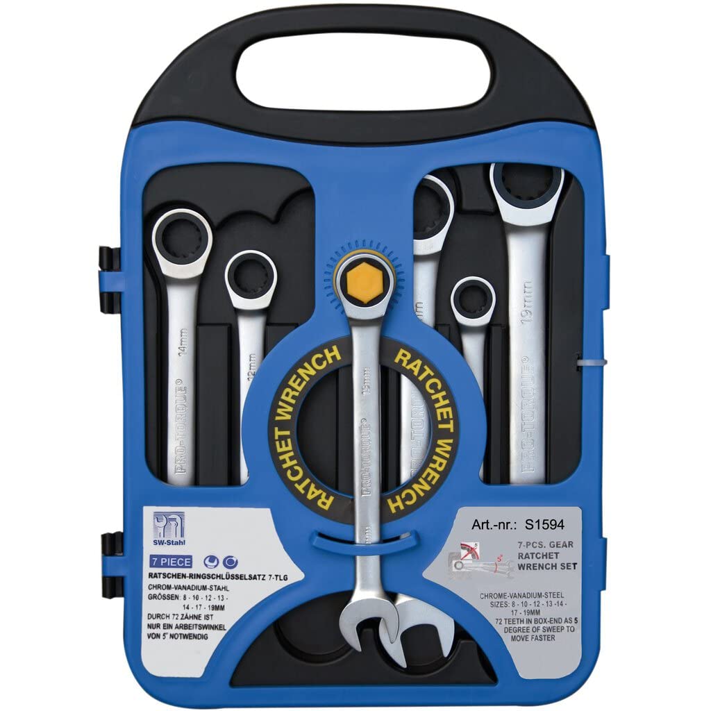 SW-Stahl Jeu de Clés Mixtes à Cliquet, 7 Pièces, 8-19 mm, Acier | Profil 4-en-1 Pour Vis Métriques, Pouces, Hexagonales et Profil E, Finition Chromé Mat, Mécanisme 72 Dents de Précision
