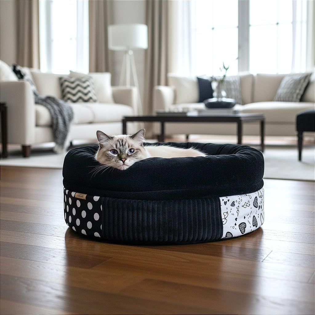 PRASKA Cuccia patchwork per gatti e cani 50 cm – Morbido letto in peluche con pelliccia premium | Soffice cuccia per animali domestici per gatti e cani di piccola taglia | Fatto a mano nell'UE |