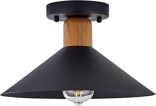 Lámpara de montaje semiempotrada de granja, acento de madera, pantalla colgante negra de metal, iluminación vintage cercana al techo para cocina,
