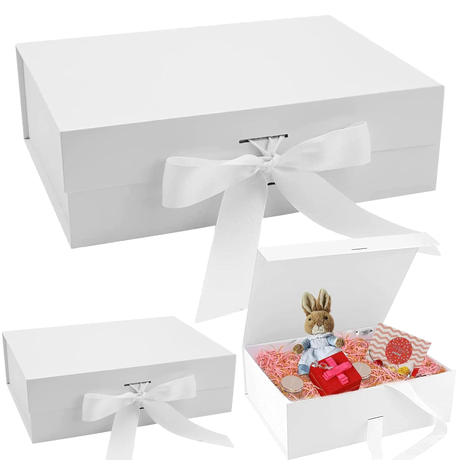Boîte Pliable Magnétique Blanche 21x17x7cm - Avec Ruban - Pliable - Pour Mariage, Anniversaire Boîte Cadeau