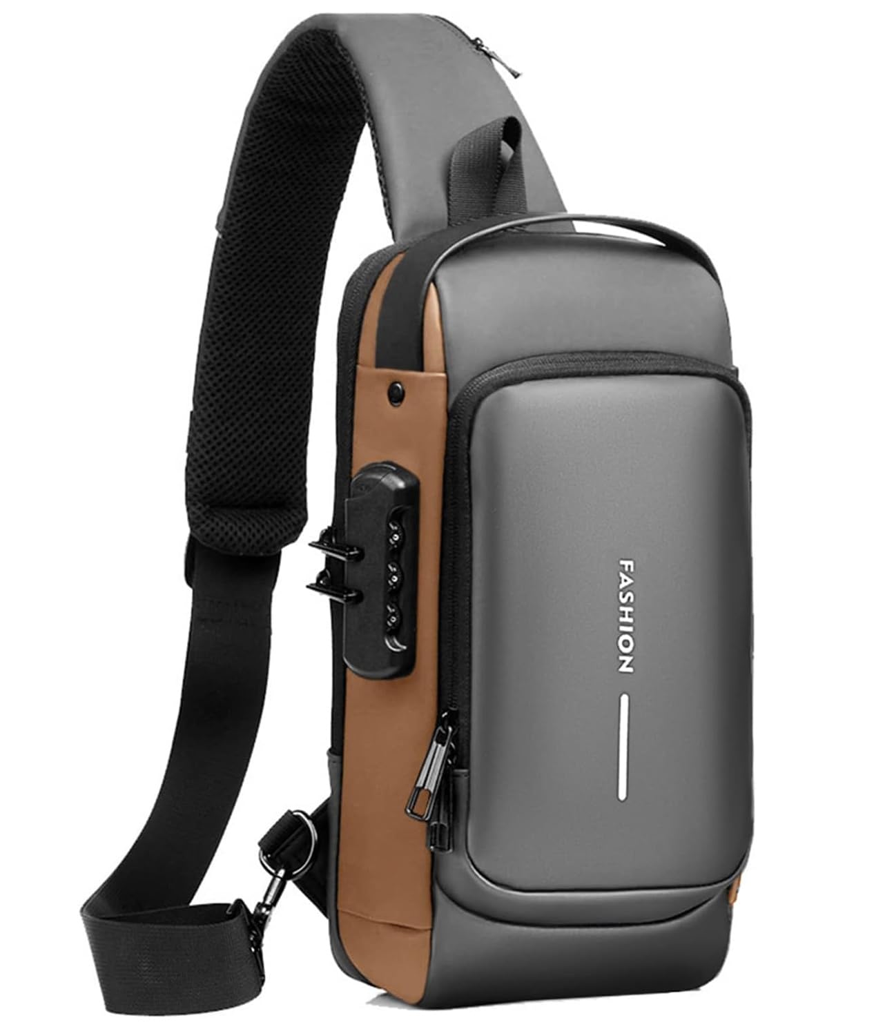 delgarm Fashion Anti-theft Unisex Sling Bag, USB Charging Port, Password Lock, Waterproof, Grey and Brown-picture-56