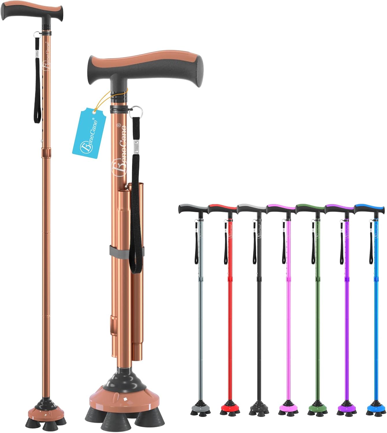 BeneCane Walking Cane for Men & Women Walking Stick for Seniors Folding Canes Quad Cane Adjustable Lightweight Sturdy Free Standing Collapsible Heavy Duty with Soft TPR T-Handle and Travel Bag