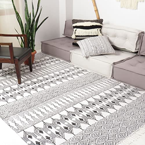 Eyes Of India - 4 X 6 Ft Off-White Black Cotton Block Print Area Dhurrie Rug Flat Weave Hand Woven Tassel Boho Chic Indian Bohemian Accent Handmade Handwoven #TOP1