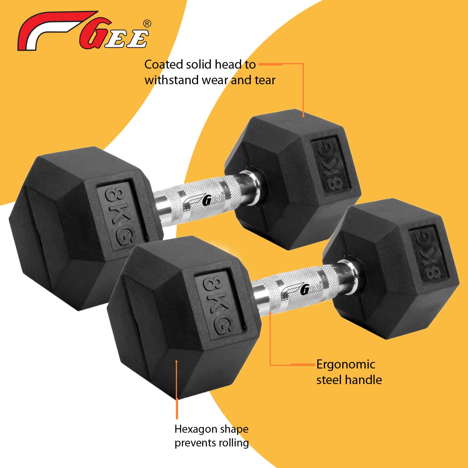Gee Rubber Coated Excercise Fixed Hex Dumbbell 5kg (Pack Of 2 Pcs) 1