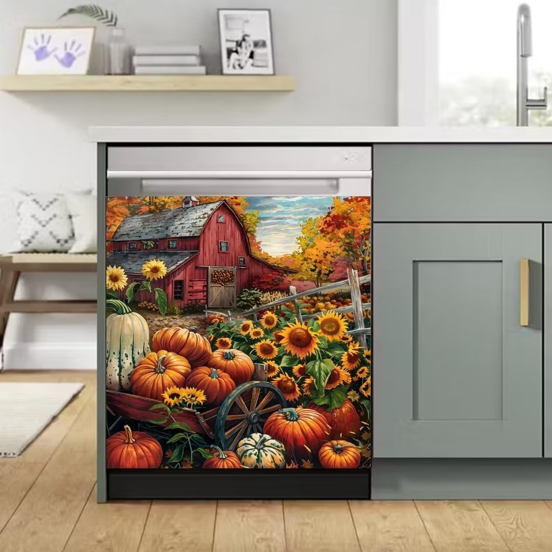 Pastoral Style Fall Pumpkin Dishwasher Magnet Cover Decals Reusable Red Barn Fridge Magnets Panel Vinyl Sticker Magnetic Farm Sunflower Dishwasher Covers for Kitchen Home Decorative 23"x26"