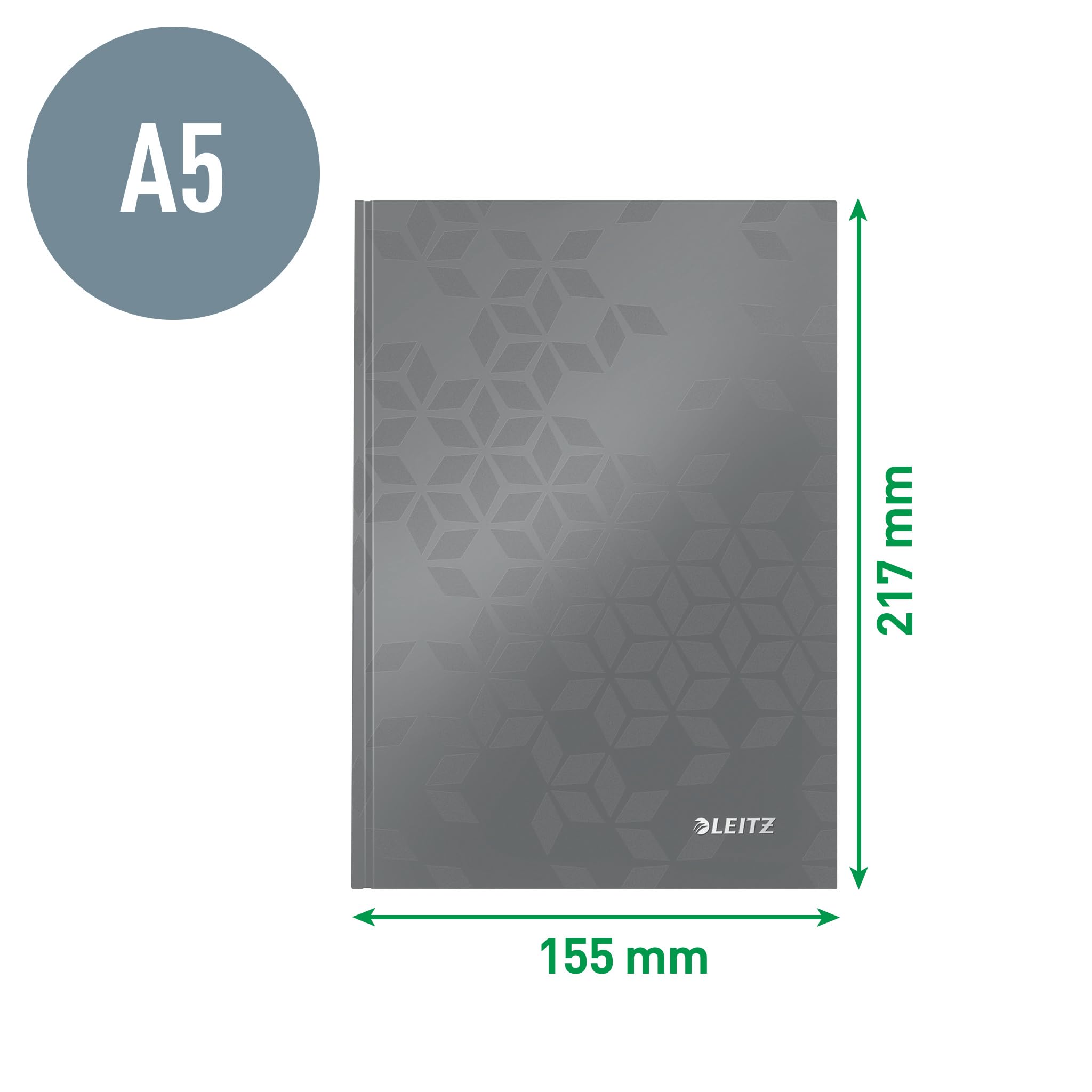 Notatnik Leitz WOW A5 w kratkę, twarda oprawa, 160 stron, 80 arkuszy papieru z certyfikatem FSC (80 g/m²), oprawa nitkowa, do biura, szkoły lub jako pamiętnik, niebieski, 46281036