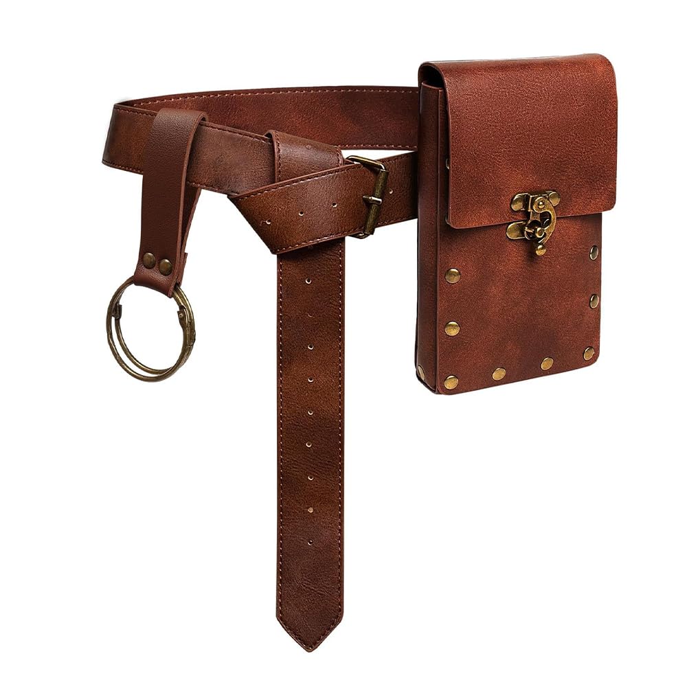 Cinturón Medieval, Cinturón Medieval Vikingo +Bolsa+widgets, Cinturón de Cuero, Ajustable Cinturón de Caballero Renacentista, para Cosplay Organizador de Dinero de Halloween (Marrón Oscuro)