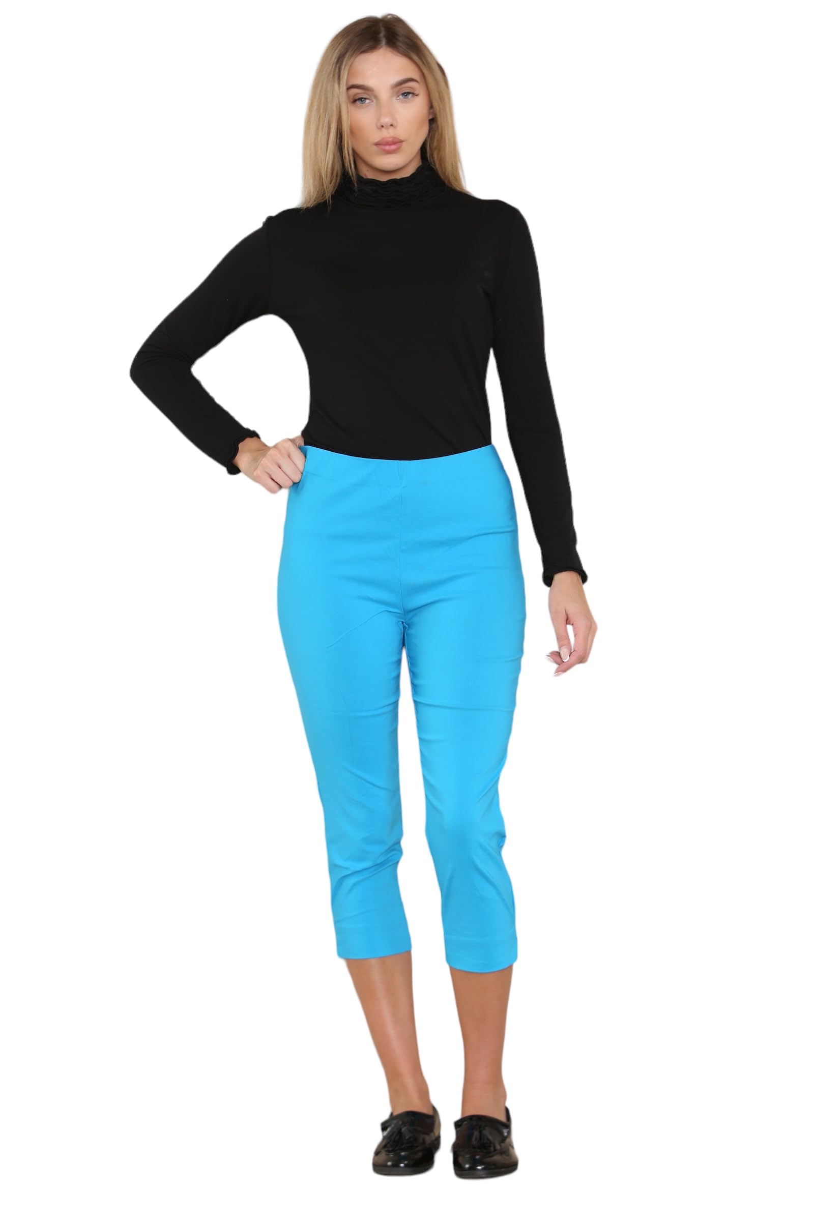 Wearall Women's Turquoise Cropped Trousers For Uk Capri Trouser Summer Pants Short Crop Stretch 3/4 Length Three Quarter Pedal Pusher Clothes Elasticated Bengaline Cut Off 14