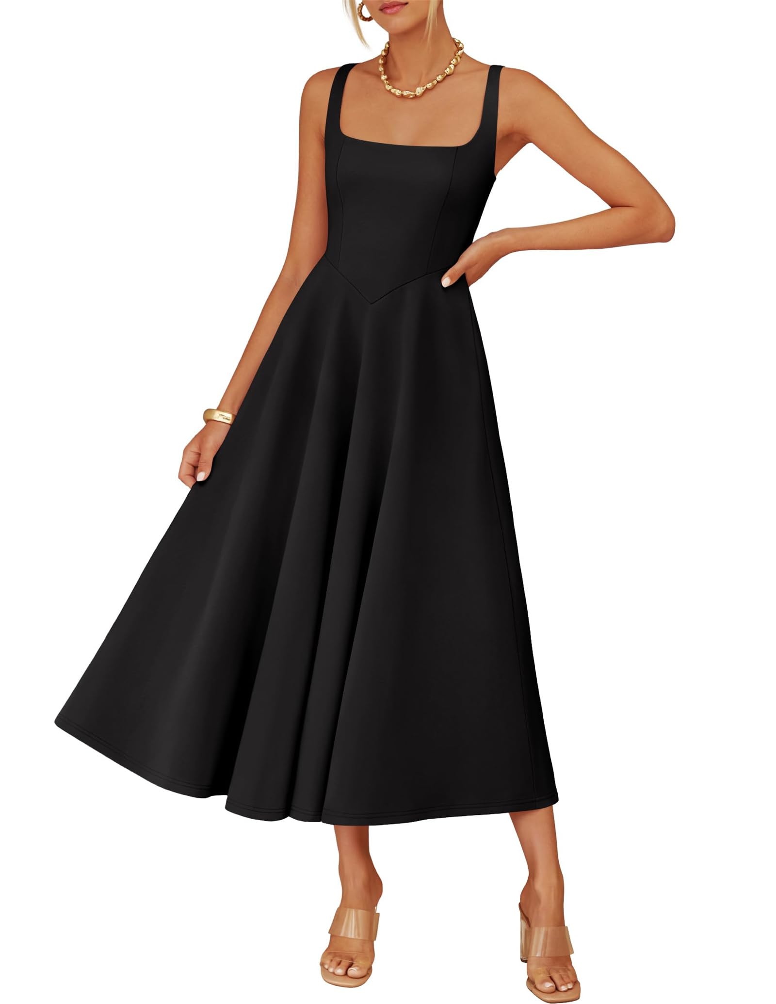 2026 Damen Sommer ärmelloses Midikleid 2026 quadratischer Ausschnitt Hochzeit Gäste Strand lässig fließende lange Kleider Taille fließende Outfits
