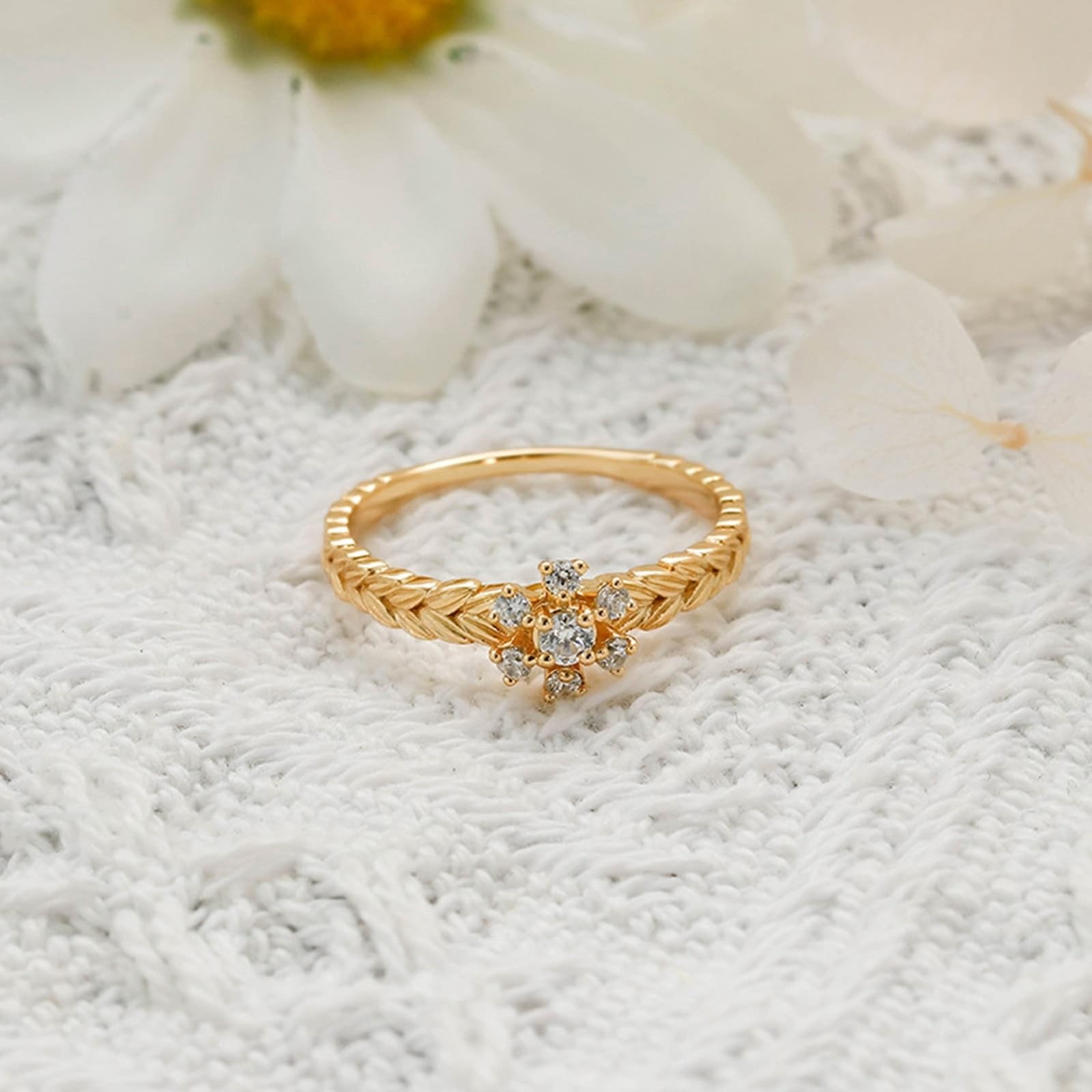 Alianzas de oro amarillo de 9 K/14 K/18 K con moissanita, dientes de trigo, flores, anillos de pareja