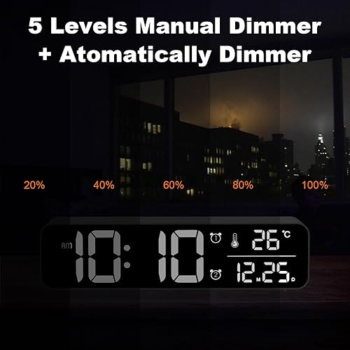 Miniatura 4 de ALANAS Reloj digital grande con pantalla de fechatemperatura, alarmas dobles con anillo de música clásica, atenuador de 5 niveles, relojes