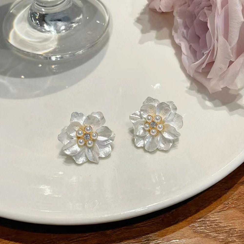 Small Pearl Flower Stud Earrings,Sweet White Geometric Camellia Pearl Statement Earring,Aesthetic Tiny Bead Floral Earrings for Women Ladies - Image 6
