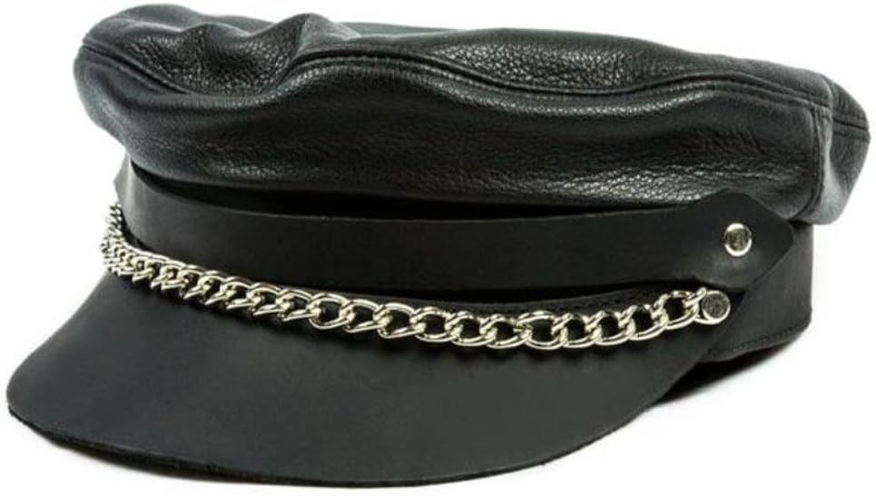 Men's Flat Top Genuine Leather Biker Cap with Chain, Black Leather C58