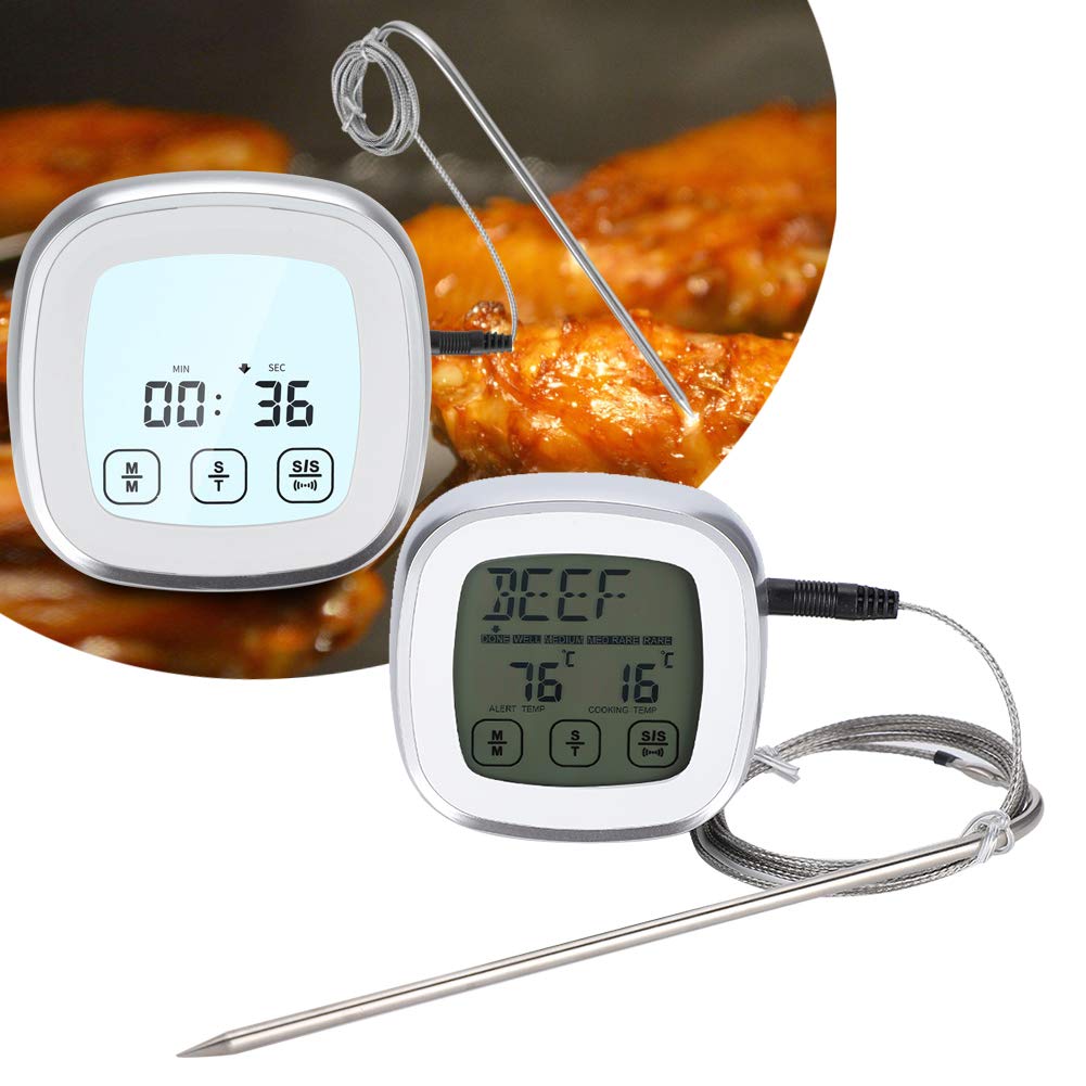 Digital Food Thermometer, Instant Read Meat Thermometer, Cooking Thermometer with Timer & Stainless Steel Probe for Smokers Grilling Baking Frying Sugar Boiling
