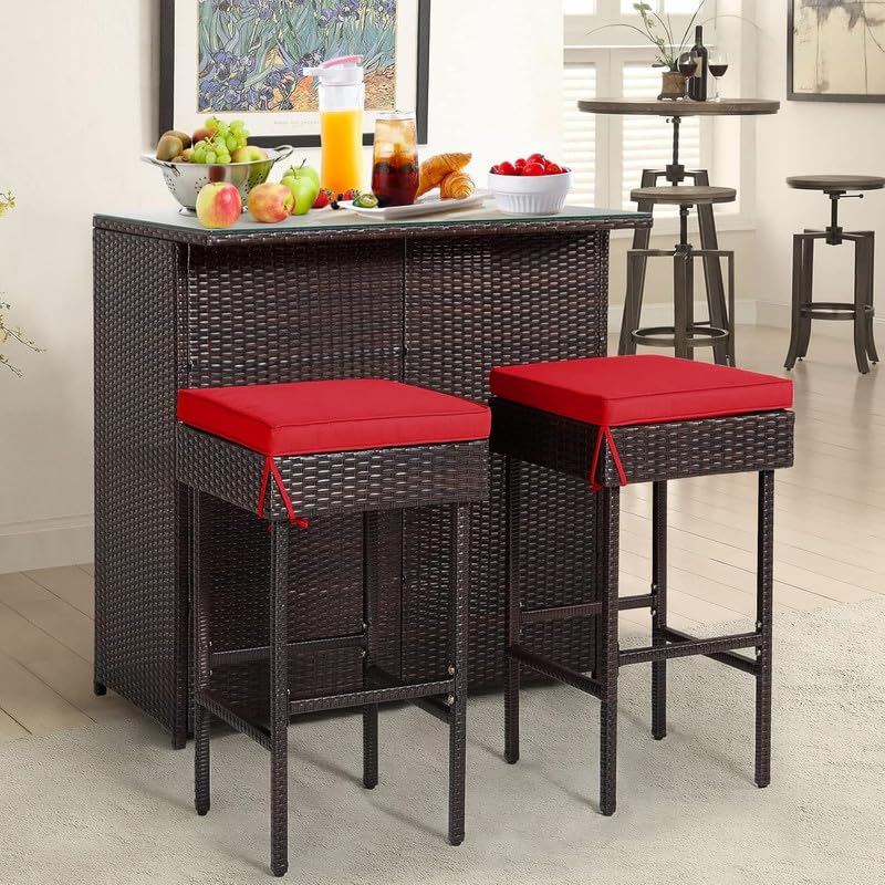 Image of OUTLIVING Patio Rattan Wicker Bar Table with Glass Top and 2 Cushion Stools | Multipurpose 2 Seater Outdoor Bar Set Furniture for Home, Garden, Porch, Backyard, Lawn and Poolside (Brown-Red)