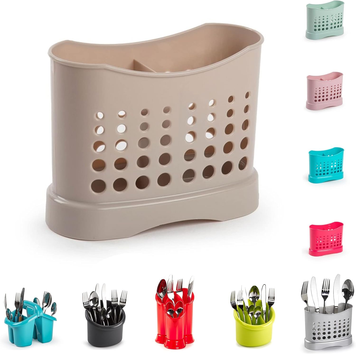 2 Compartments High Grade Plastic Sink Tidy Cutlery Drainer Caddy Holder, Utensil Drainer for Home and Kitchen Rustproof store washed cutlery utensils(Taupe - Design 1)