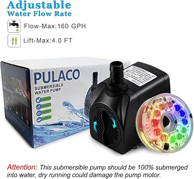 PULACO 160GPH Small Fountain Pump, 10Watt Submersible Pump with Automatic Color Changing LED Light and 3.3 ft Tubing for Water Feature, Outdoor Pond, Aquarium fish tanks