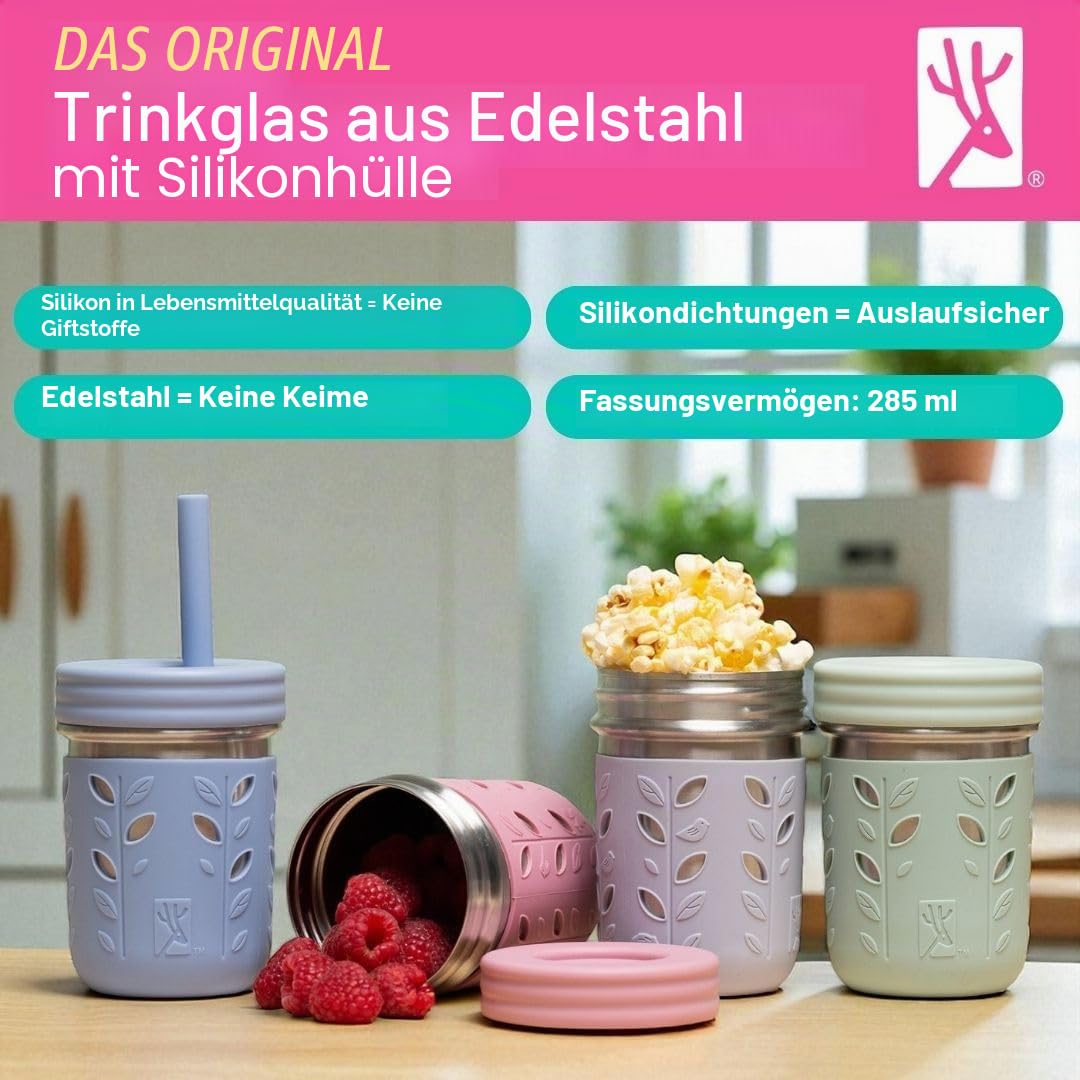 Elk and Friends 295ml Edelstahl Kinder Trinkbecher | Mason Jar mit Silikonhülle & Deckel | Silikon Strohhalm | Smoothie Becher | Auslaufsicher | Spülmaschinengeeignet | 4er Set