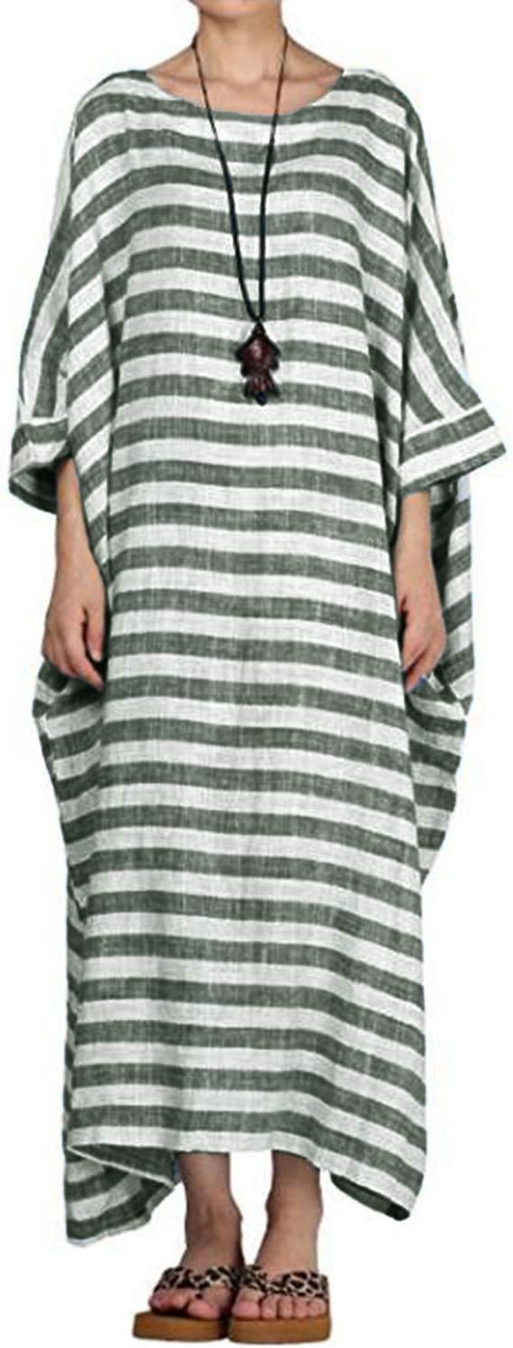 Celmia Women's 3/4 Sleeve Round Neck Solid Loose Long Maxi Dress Cotton Gown with Side Pockets Green L