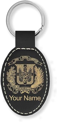 LaserGram Llavero ovalado, escudo de armas República Dominicana, grabado personalizado incluido (negro con oro)