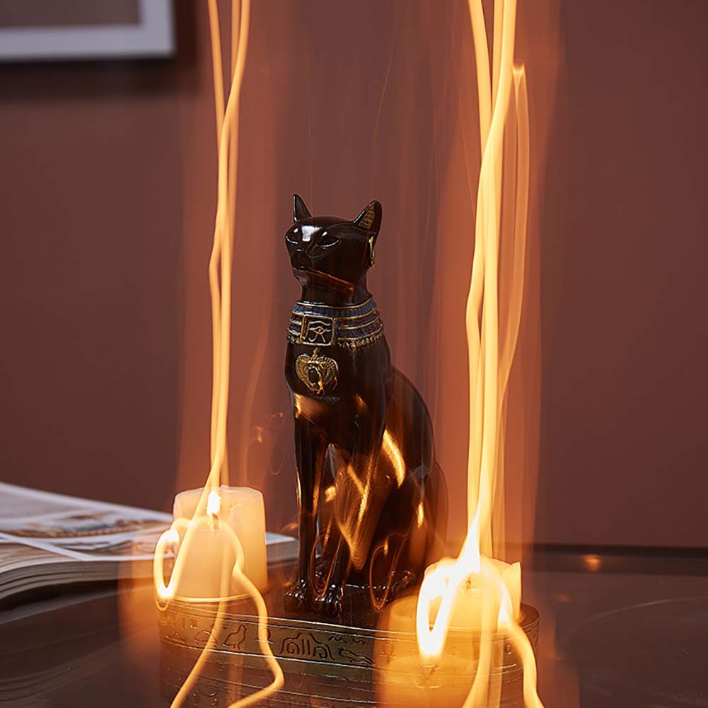 Statue Déesse Chat Bastet Égyptienne Avec Bougeoirs - Figurine Résine Noire - Décoration Mystique