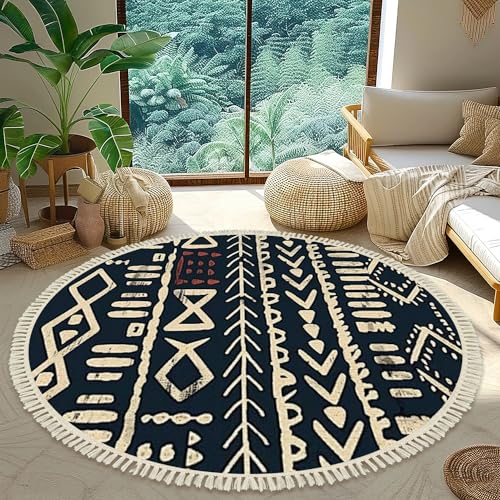 Jwhfzmanpyk Round Boho Area Rug African Print Fabric Seamless Tribal Pattern Traditional Ethnic Tassels Linen Rug Woven Carpet Minimalist Home Decor For Living Room Bathroom Bedroom Patio Outdoor 4Ft thumb #1