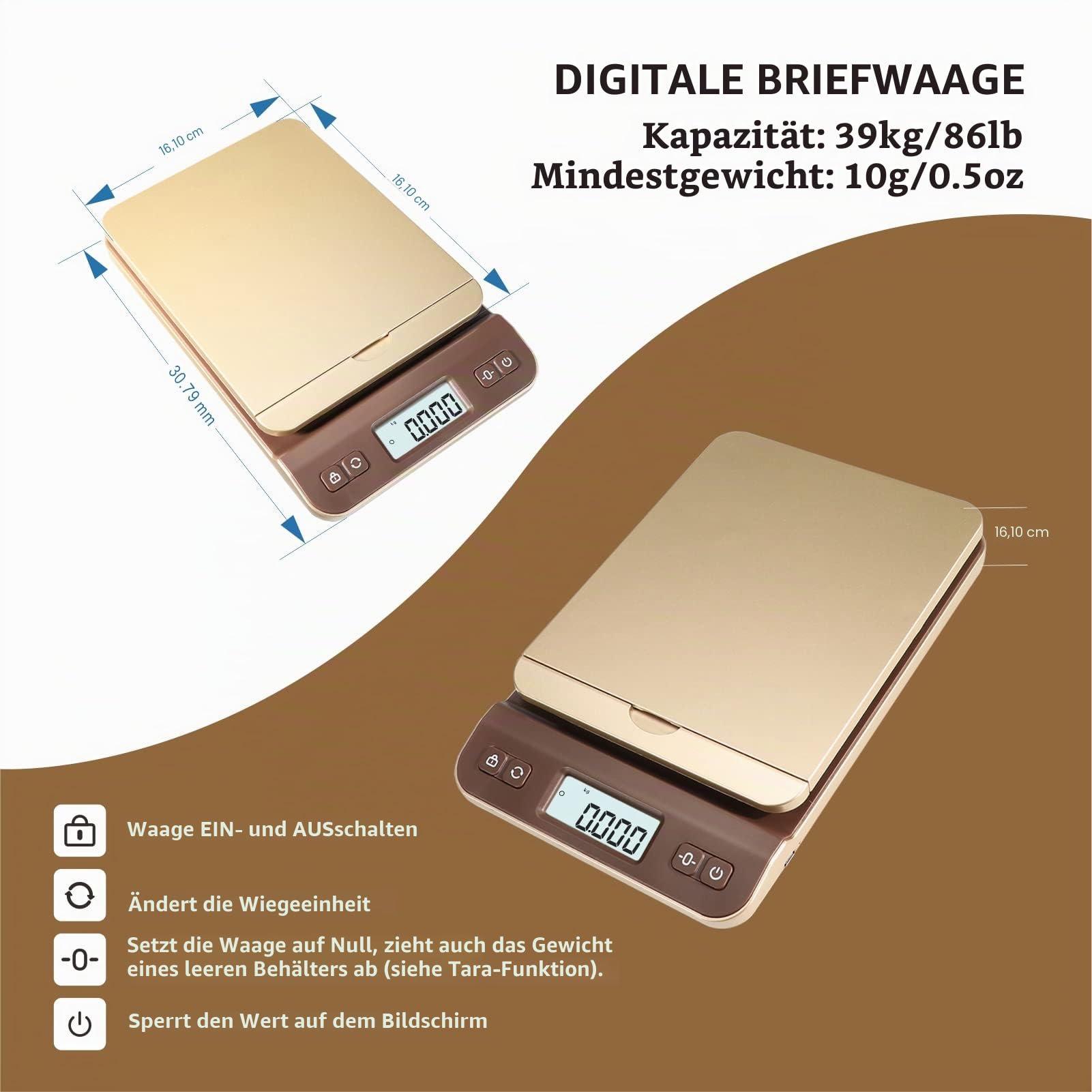 UNIWEIGH digital Postwaage 39kg/86lb, Briefwaage, Paketwaage, Plattformwaage, Küchenwaage, Grammwaage, Postal Scale mit Hold-Tara-Funktion für Büro, Haus,Lager, Markt, USB-Kabel, Maßband - Gold