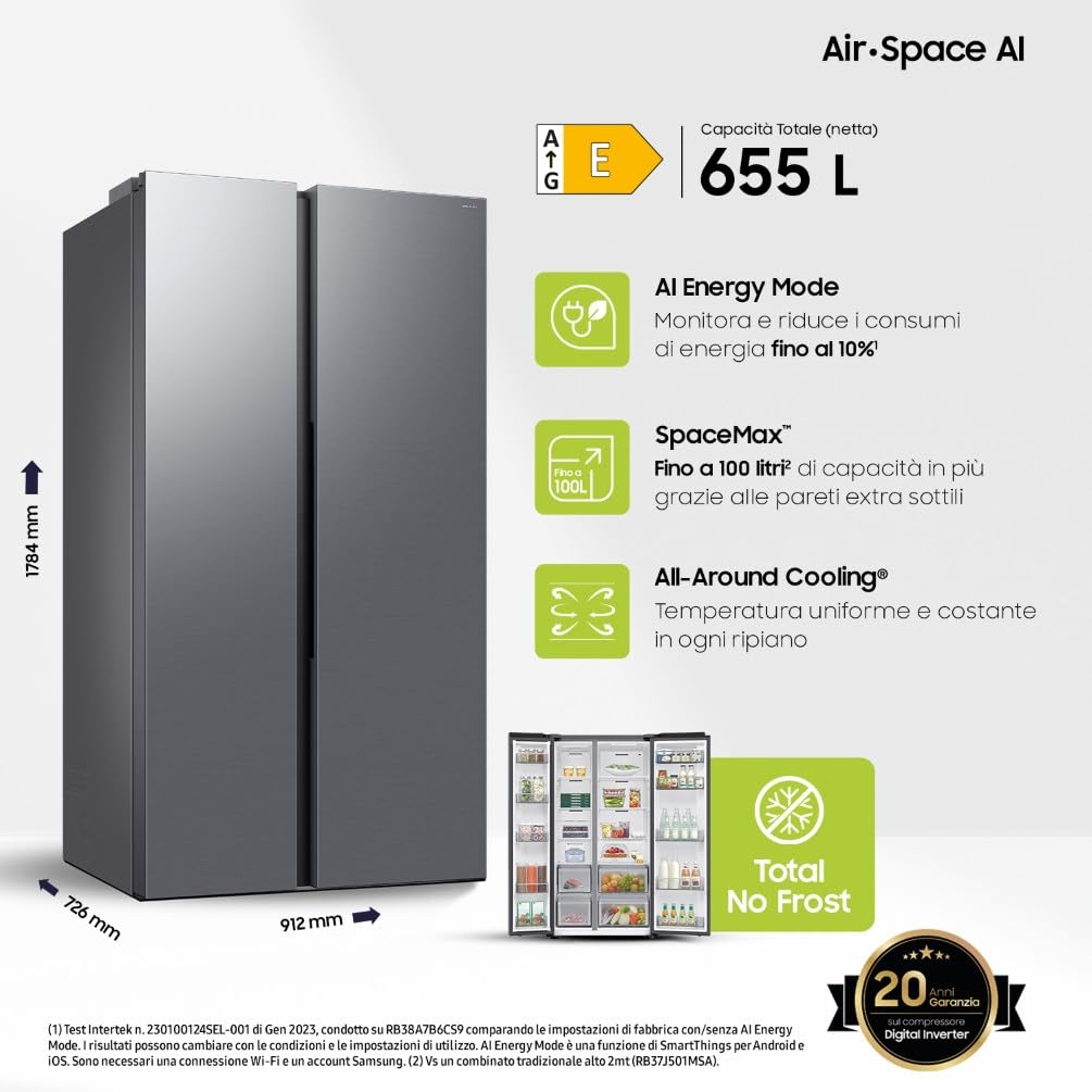 Samsung Frigorifero Side by Side AI RS70F65QET/EF, All-Around Cooling, Wifi con AI Energy Mode, Total No Frost, SpaceMax, 655 L, LxAxP: 91,2 x 178,4 x 72,6 cm, Metal Inox