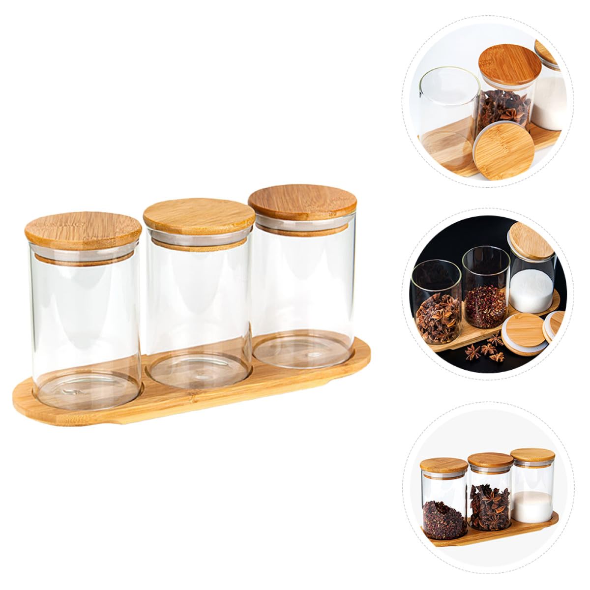 TOYANDONA Set 3 Barattoli Porta Spezie in Vetro Coperchio e Base in Bambù Contenitori Sigillati per Conservazione Alimentare Multiuso per Cucina e Dispensa Design Trasparente e Stabile
