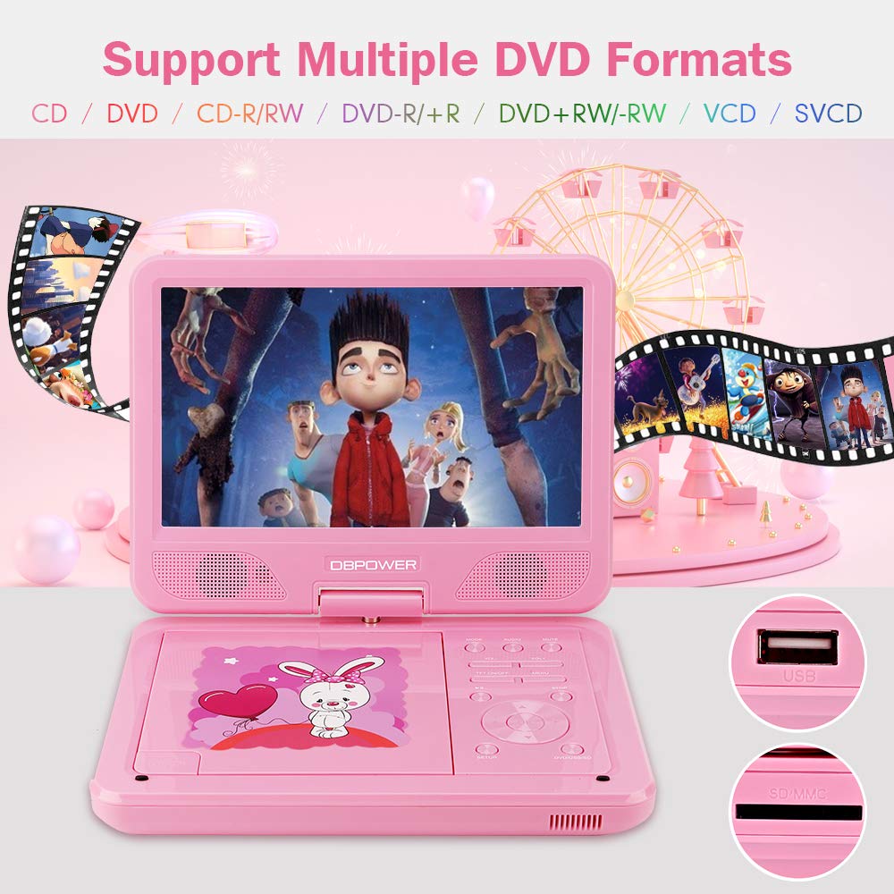 Lecteur DVD portable FUNAVO de 7.5”, écran pivotant, batterie rechargeable de 5 heures, casque et sac assorti, prend en charge les cartes SD, port USB, formats de lecture directe AVI /RMVB/ MP3 / JPEG