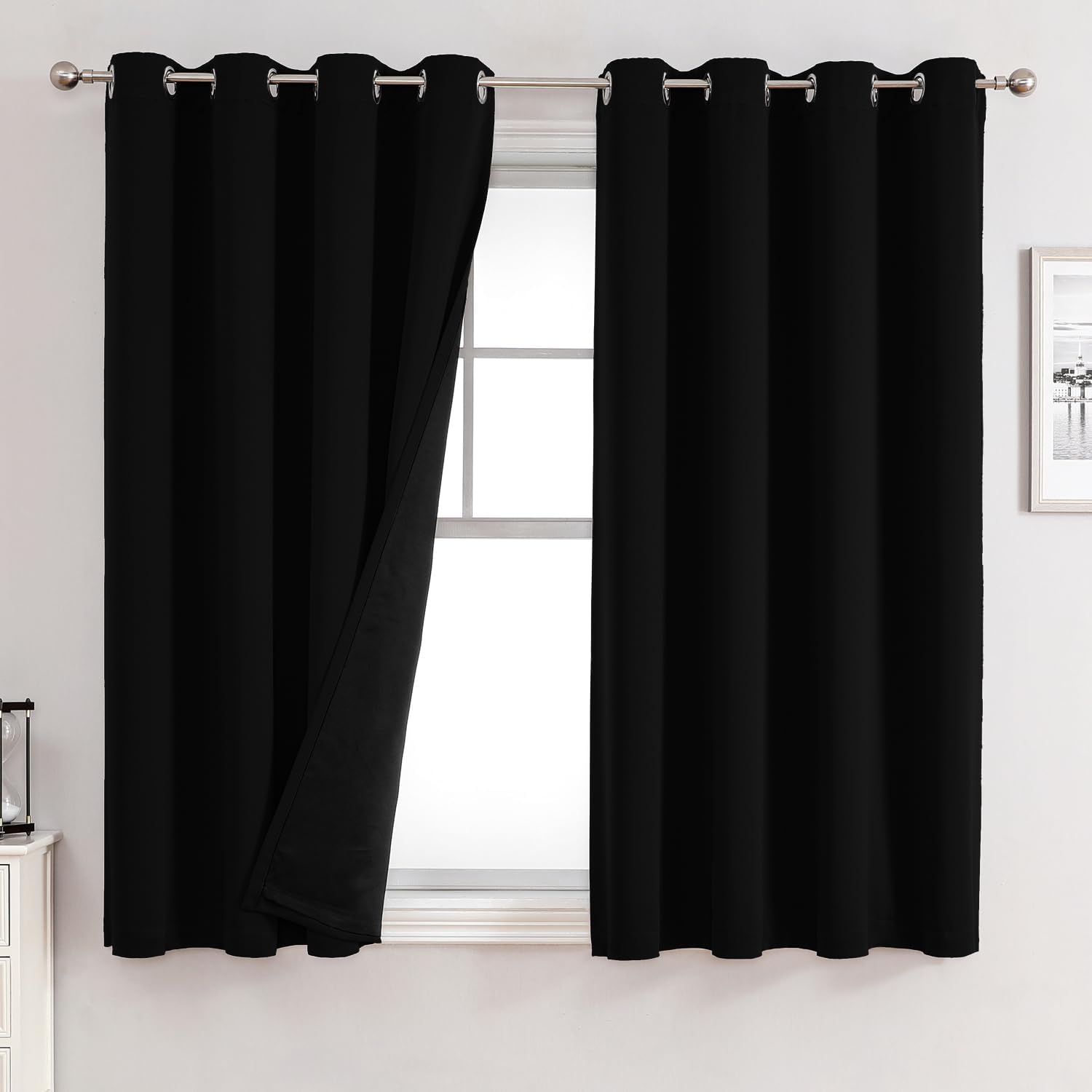 ChrisDowa 100% Blackout Curtains for Bedroom with Black Liner, 2 Thick Layers Total Blackout Thermal Insulated Grommet Window Curtains 2 Panels Set (Black, 52 x 54 Inch) 52W x 54L Black
