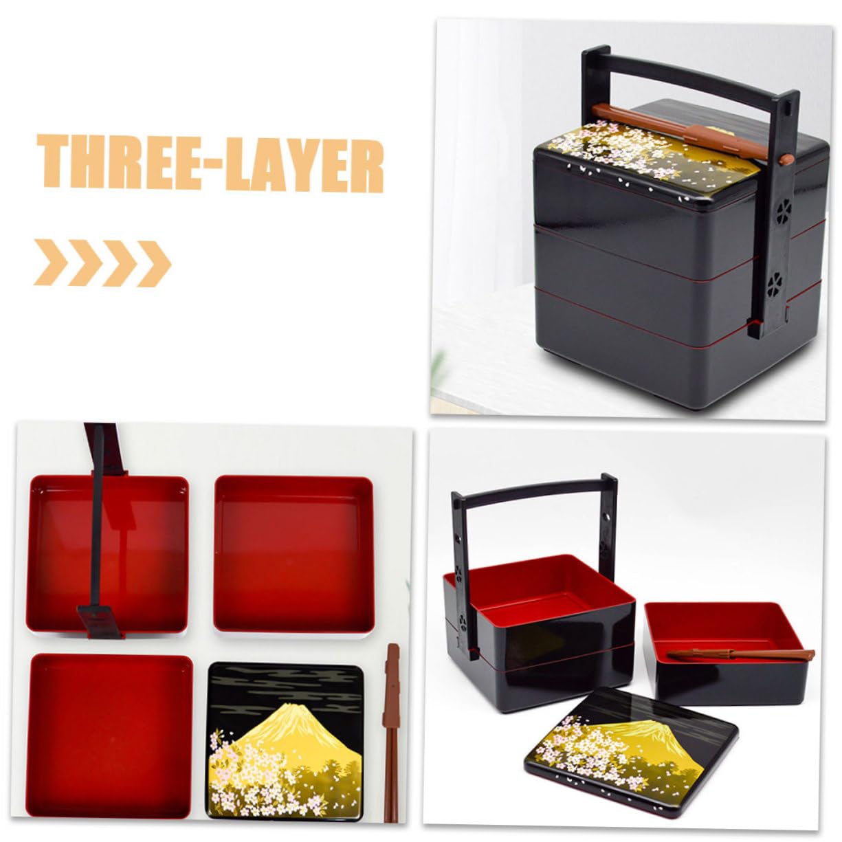 Hohopeti Boîte Bento Japonaise à Sushi Noire, Design Trois Niveaux