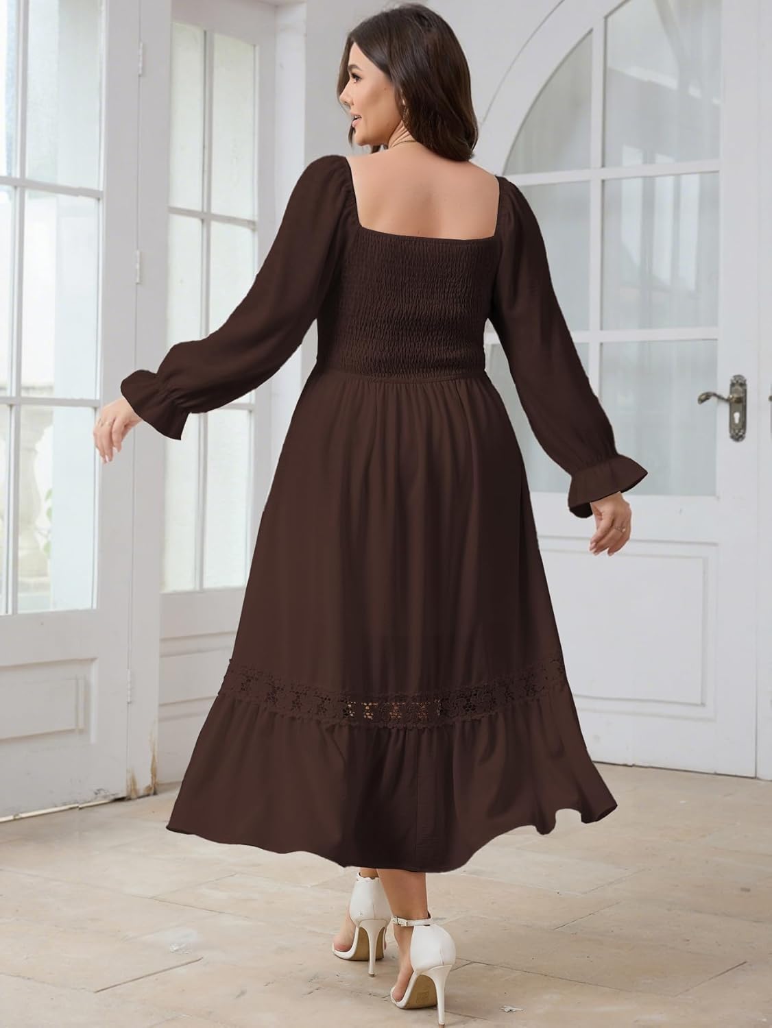 SCOMCHIC Womens Plus Size Fall Dresses Long Sleeve Square Neck Wedding Guest Smocked Flowy Boho Country Western Maxi Dress - Image 7