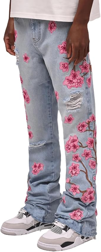 Mens Baggy Jeans Mid Rise Floral Embroidery Ripped Bootcut Jeans Straight Leg Denim Pants Hip Hop Streetwear Trousers