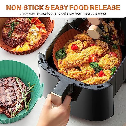 ME.FAN Air Fryer Silicone Liners for 4 to 7 QT [2 Pack] Reusable Air Fryer Basket with Handles & Holes Dark Orange + Mint Green - Thumbnail 6