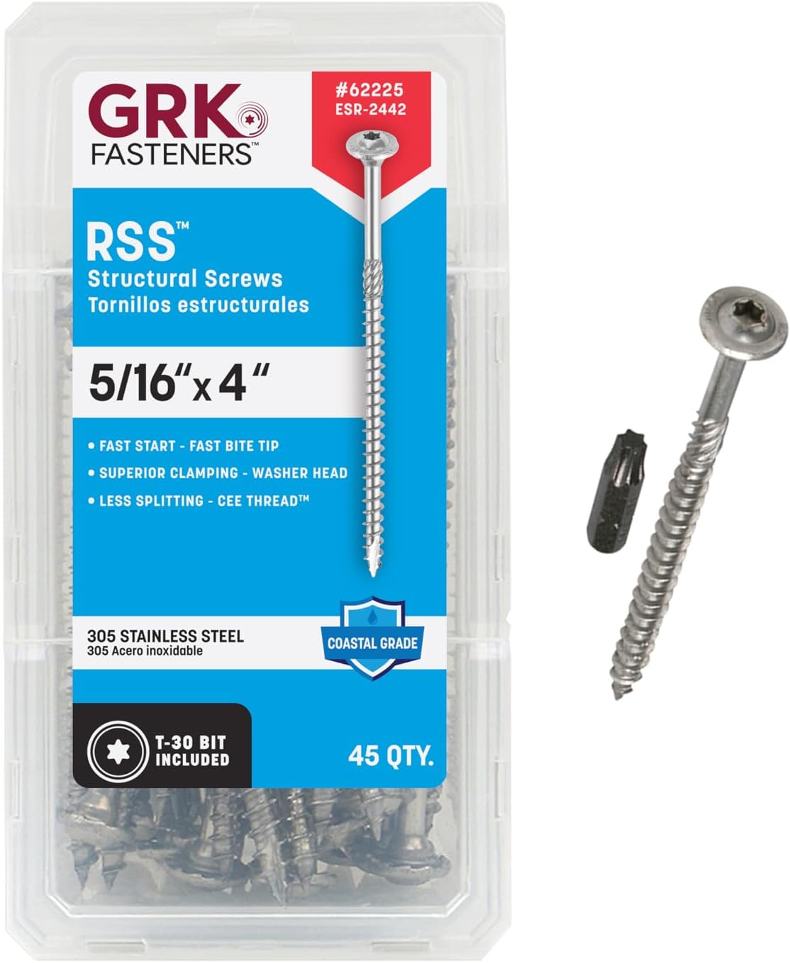 GRK Fasteners RSSโข 5/16 x 4 Rugged Structural Screws, SS 305, 45 PCS