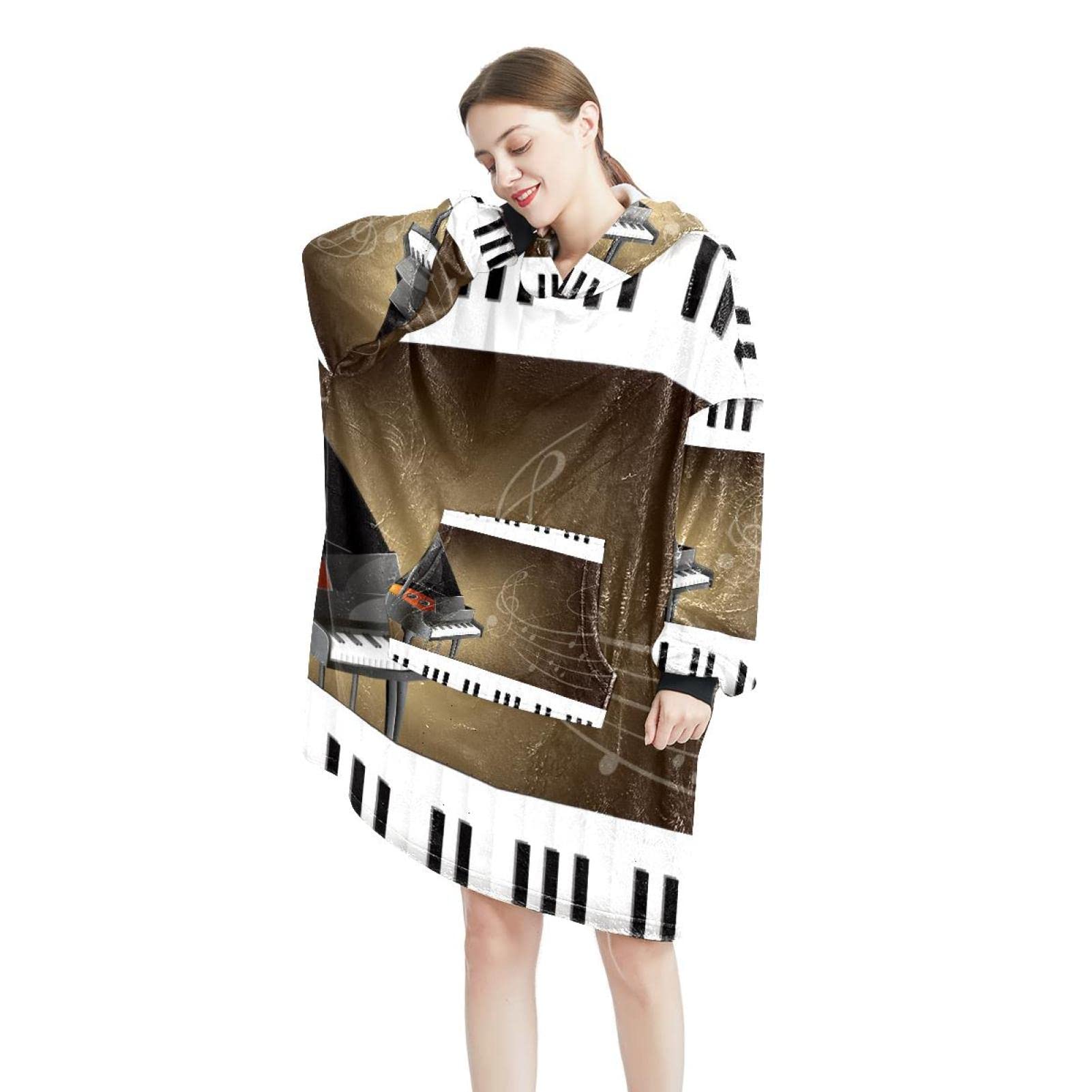 Coperta indossabile con cappuccio per pianoforte a coda con tastiera e note musicali, oversize con cappuccio per donna, felpa comoda, Multicolor, Taglia unica
